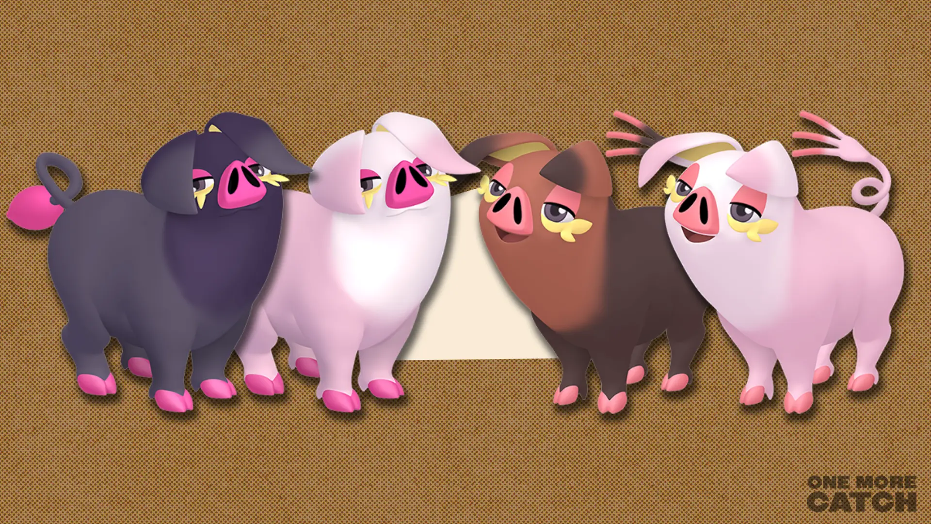 Male and female Oinkologne, next to their shiny versions in front of a polygon shape and dark red textured background.
