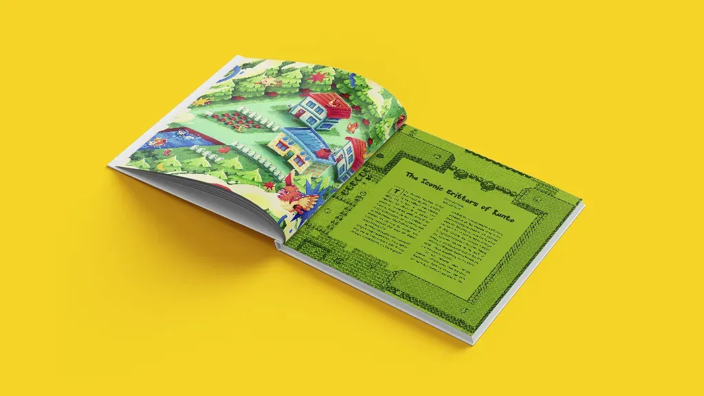 A book, Pokebook, open against a yellow background.
