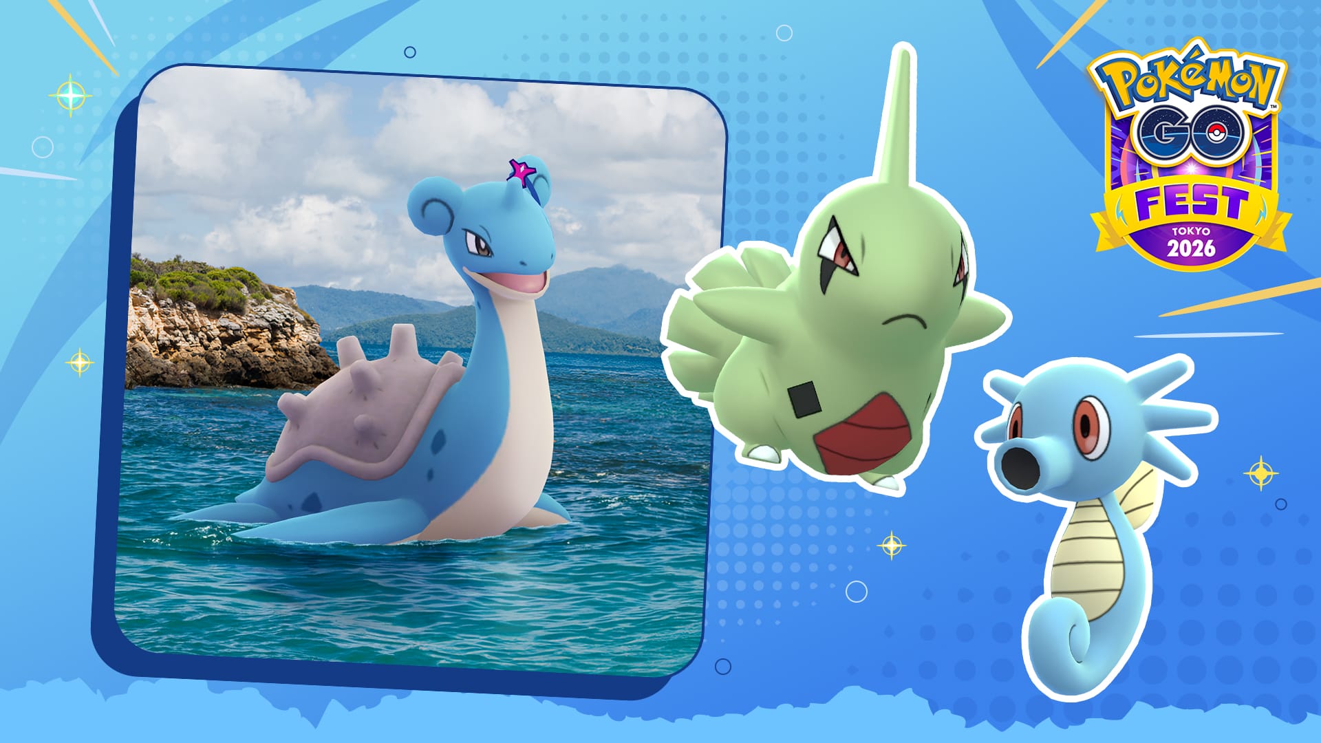 A promotional image for the 'Blanche's Quest for Knowledge' event, including costumed Lapras, Larvitar, and Horsea.