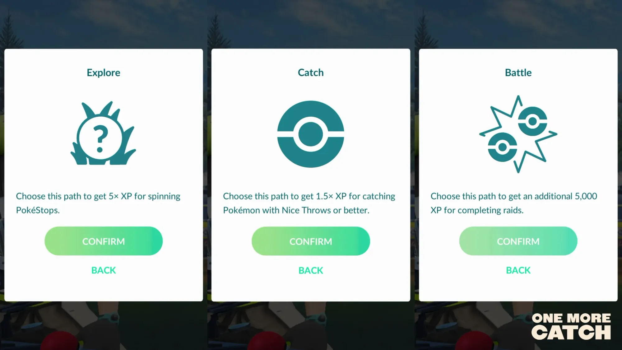 Screenshots for the Explore, Catch and Battle choices in Pokémon Go.