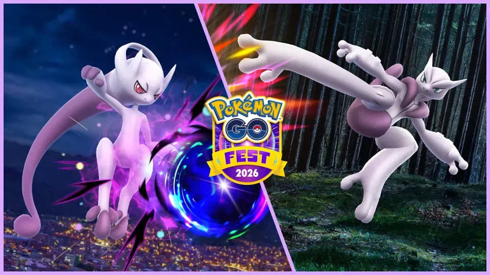 A promotional image for Mega Mewtwo Y and X at Pokémon Go Fest.