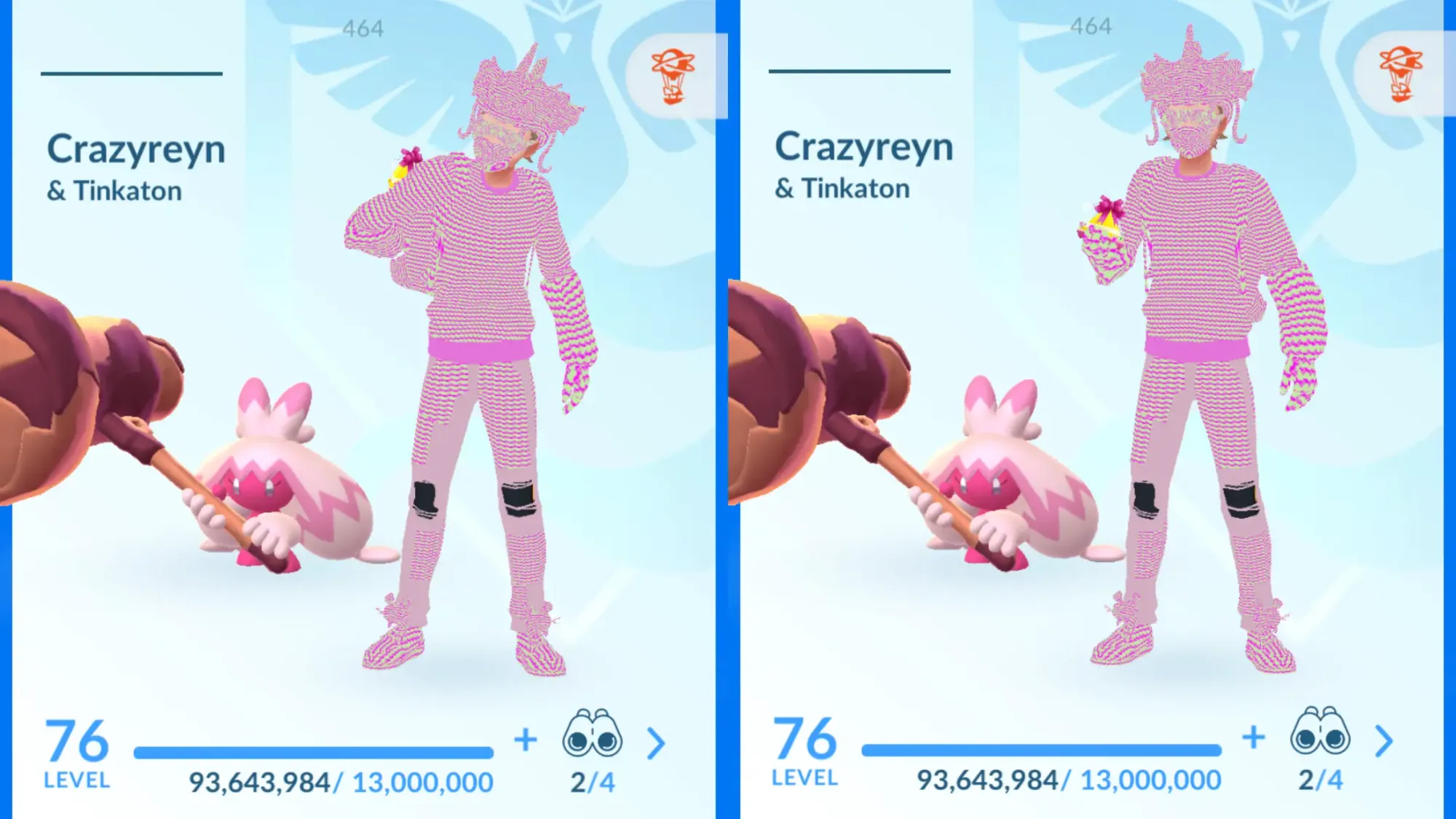 Two side-by-side images of a Pokémon Go avatar with a glitched pink and white striped appearance.