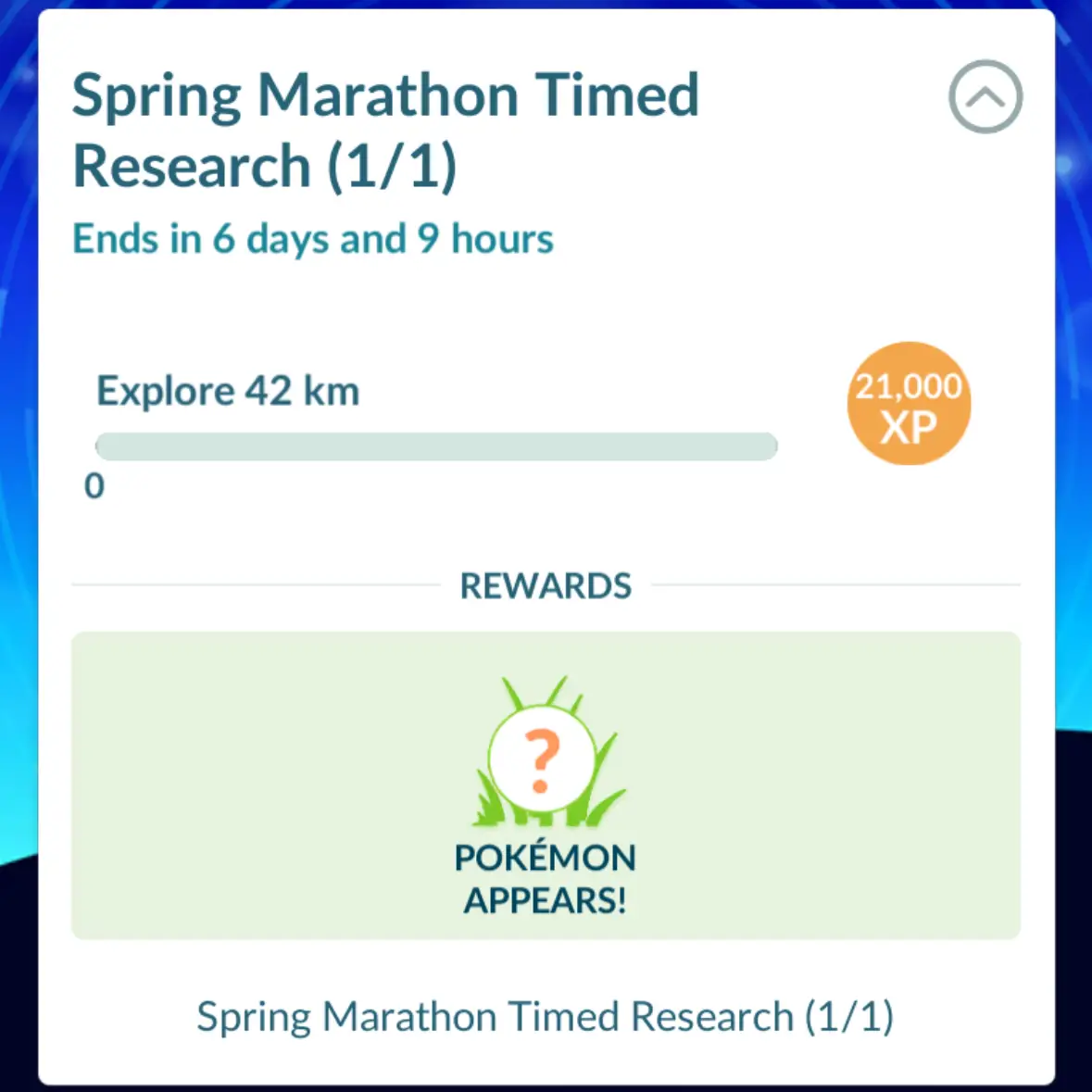 A screenshot of Pokémon Go's Spring Marathon Timed Research quest.