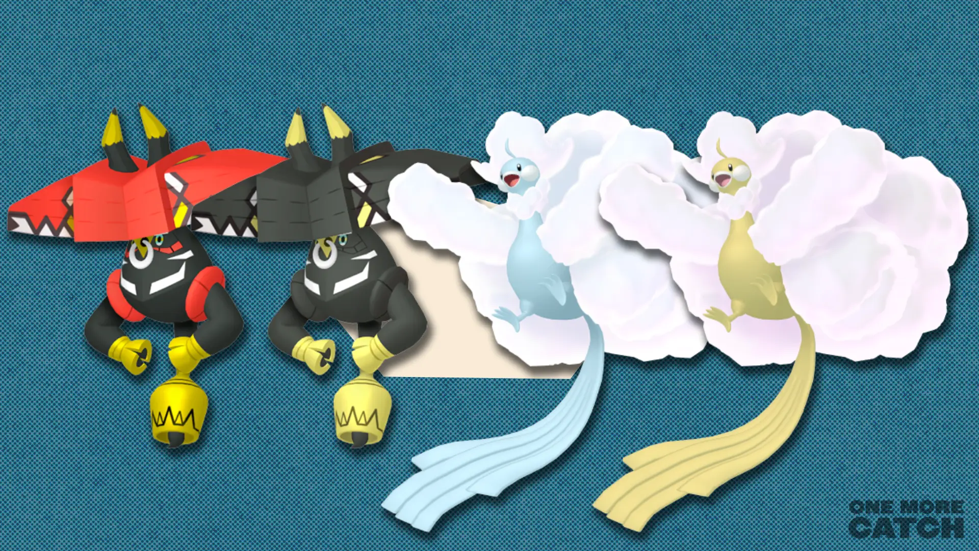 Tapu Bulu and Mega Altaria next to their shiny counterparts in front of a polygonal shape and textured background.