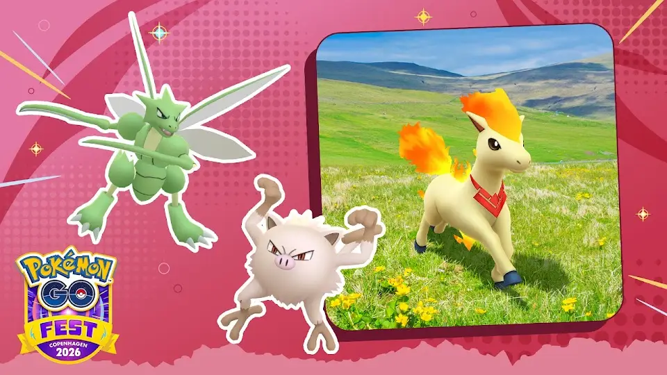 A promotional image for Pokémon Go's Candela's Quest for Victory event, featuring Scyther, Mankey, and Ponyta.