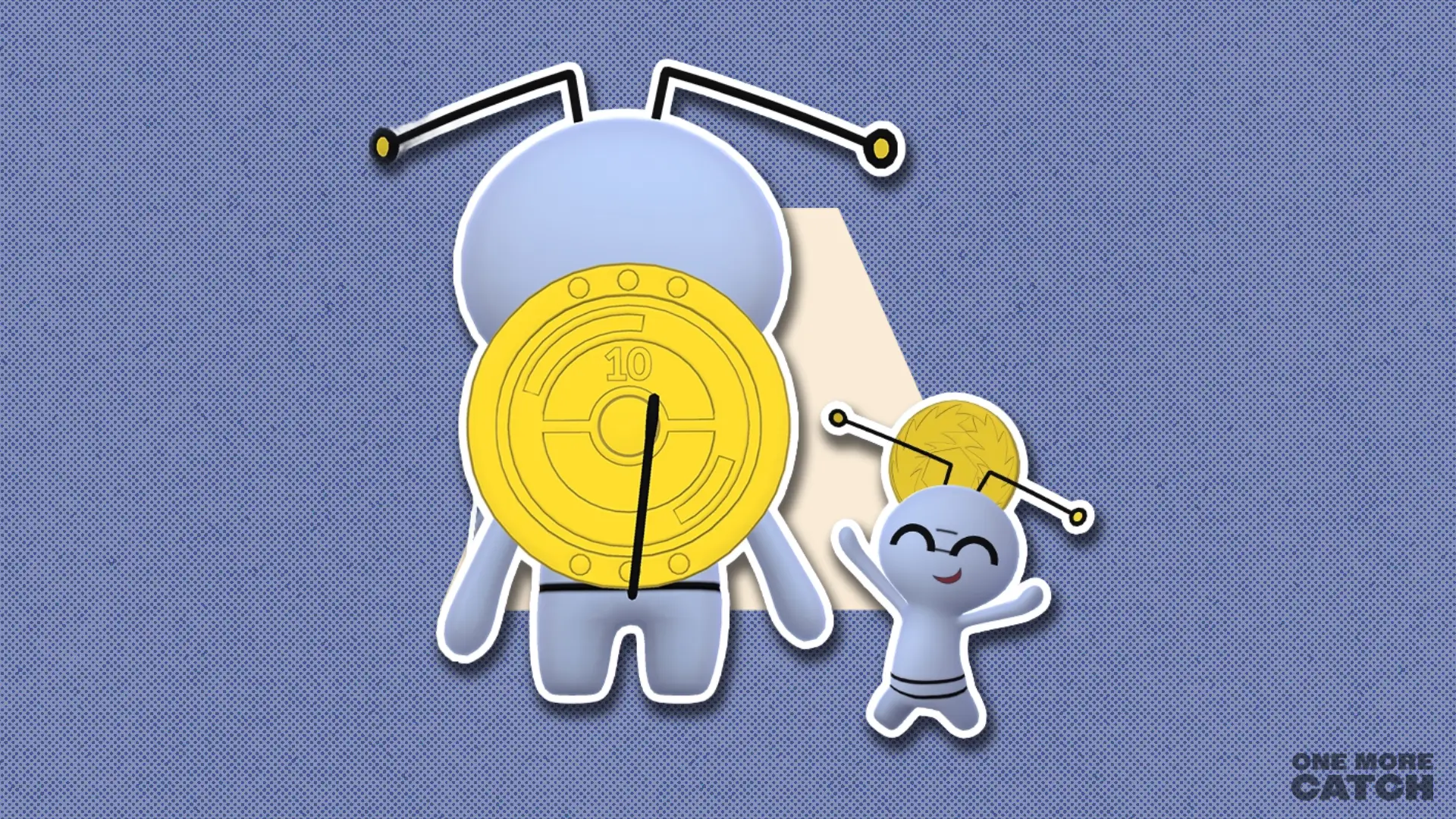 Gimmighoul with a 10th anniversary coin in front of a polygonal shape and a textured background.