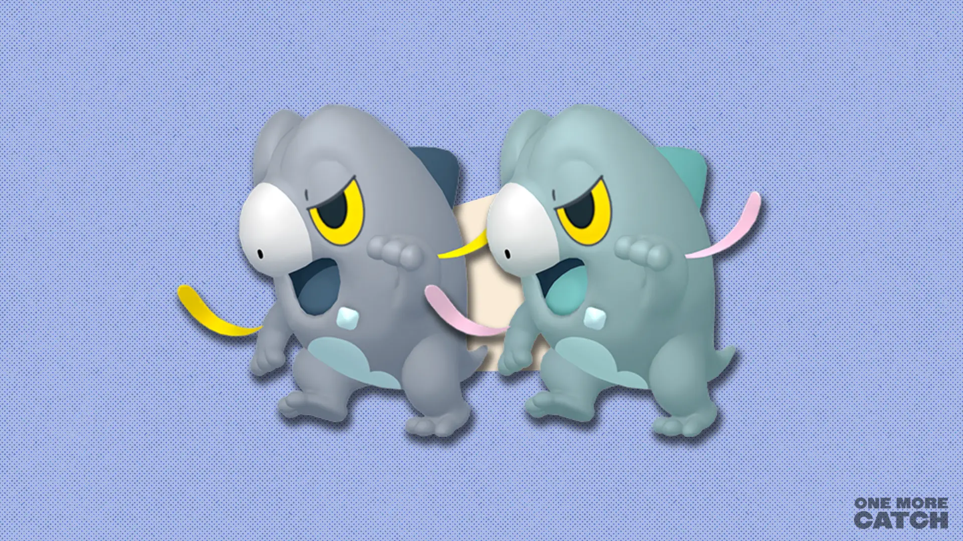Frigibax and shiny Frigibax against a polygonal shape and red textured background.