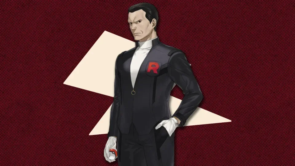 A man in a suit with a red R on his chest, Giovanni, standing in front of a polygonal shape and textured background.