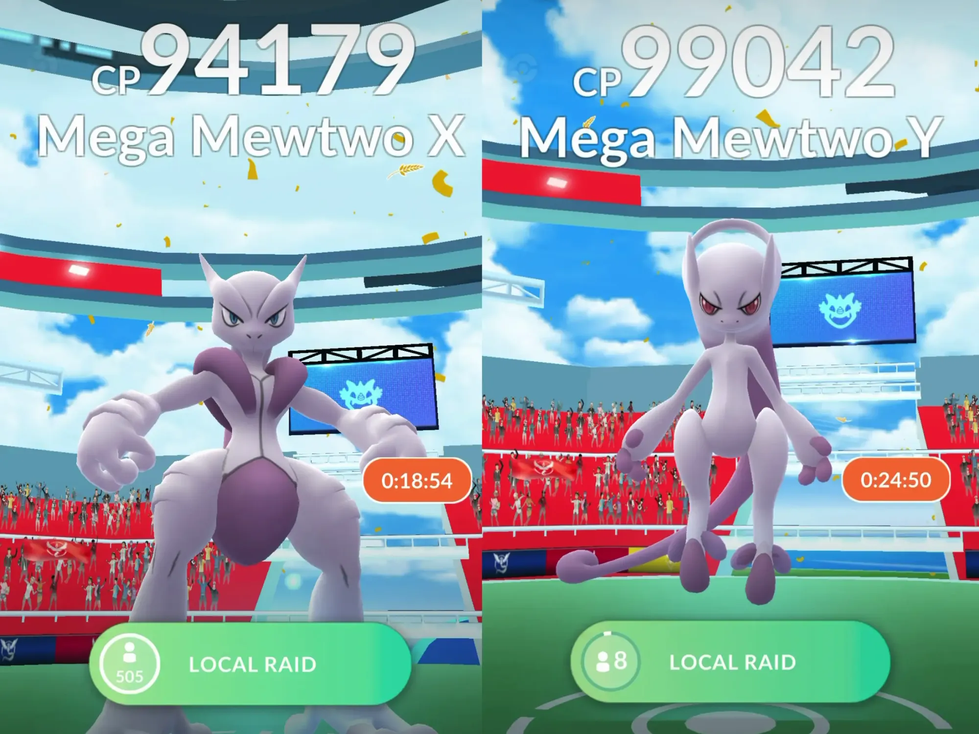 A split image showing Mega Mewtwo X and Mega Mewtwo Y raids in Pokémon Go.
