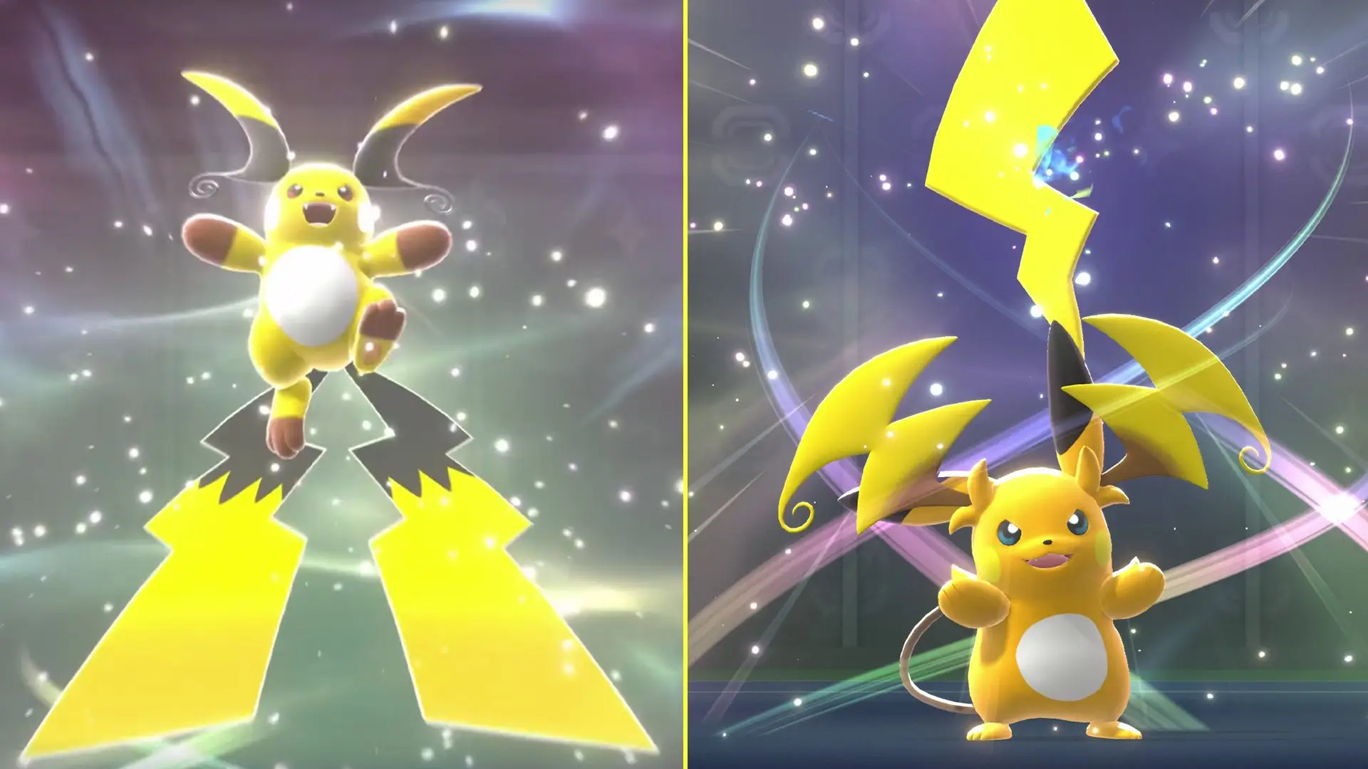 A split image showing Mega Raichu X on the left, and Mega Raichu Y on the right.