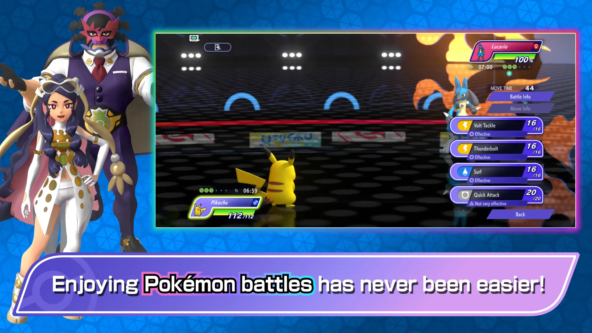 A screenshot of the mobile version of Pokémon Champions, with the display text 'Enjoying Pokémon battles has never been easier!'
