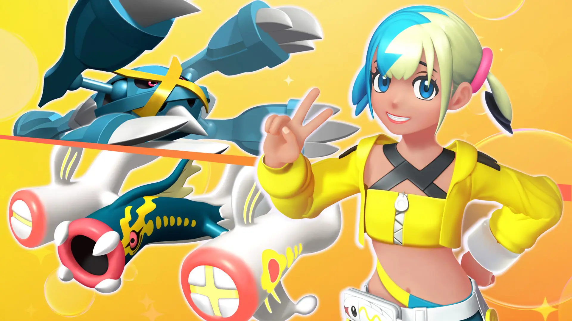 A promo image for Pokémon Champions Season M-3 Battle Pass items and giveaways, including a Canari outfit (right).