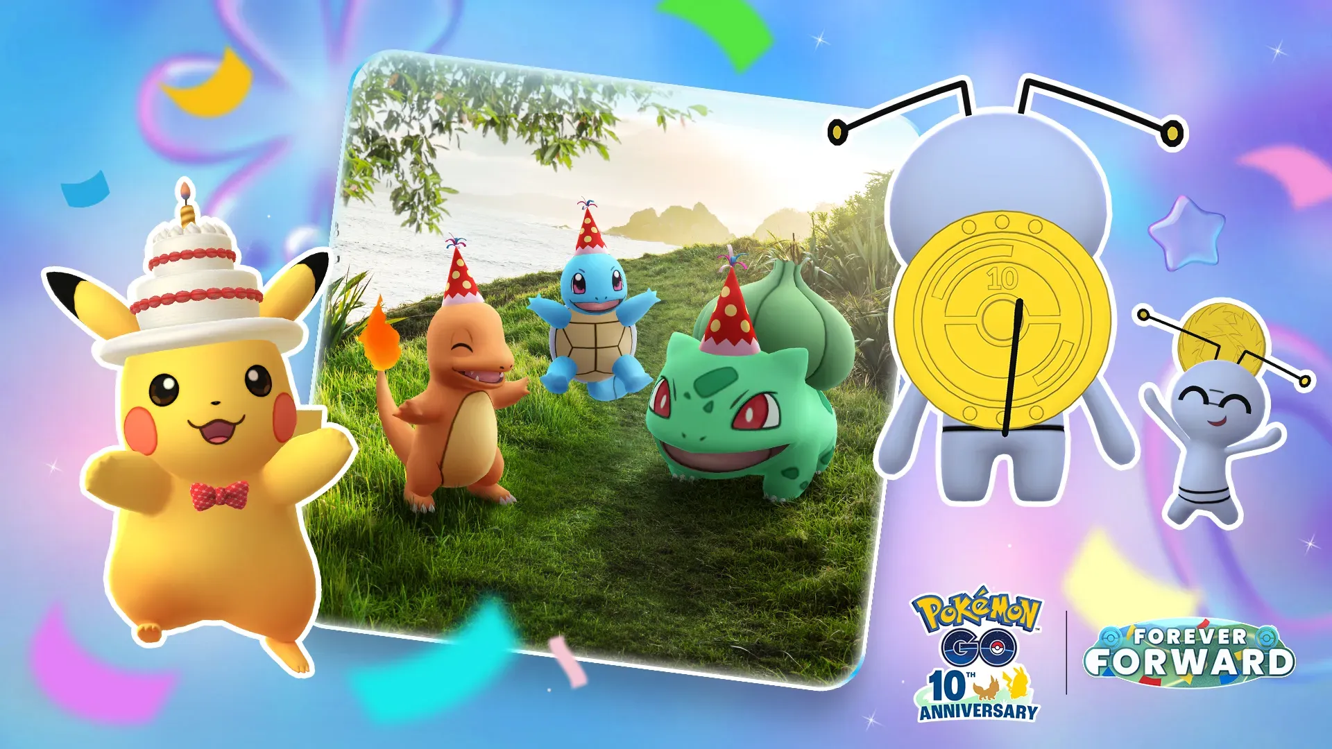 A promotional image for the 10th Anniversary Party event in Pokémon Go, featuring a cake hat Pikachu and other event spawns.