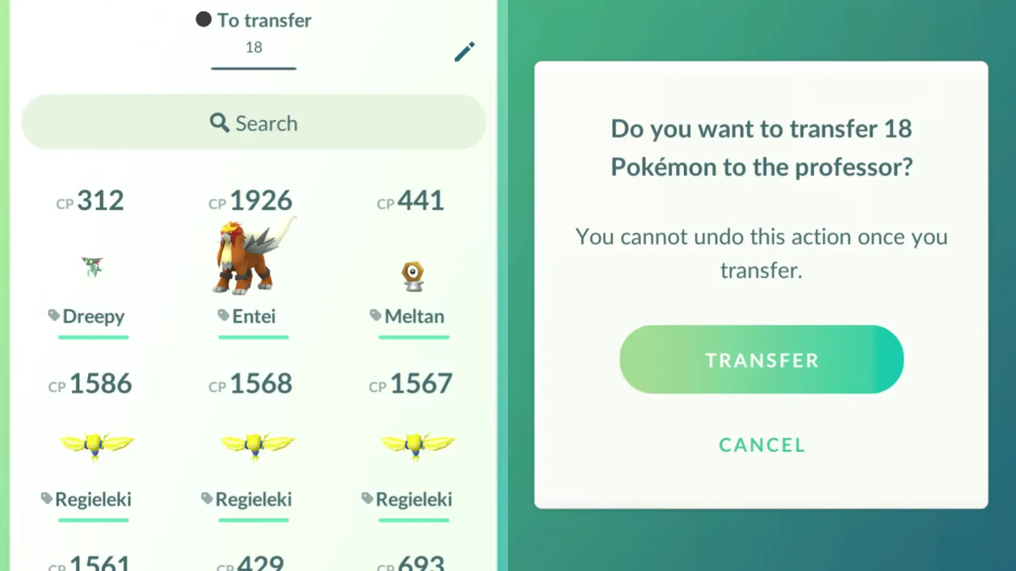 Two screenshots from Pokémon Go, the left showing tagged Pokémon, the right with the text 'Do you want to transfer 18 Pokémon to the professor? You cannot undo this action once you transfer.'