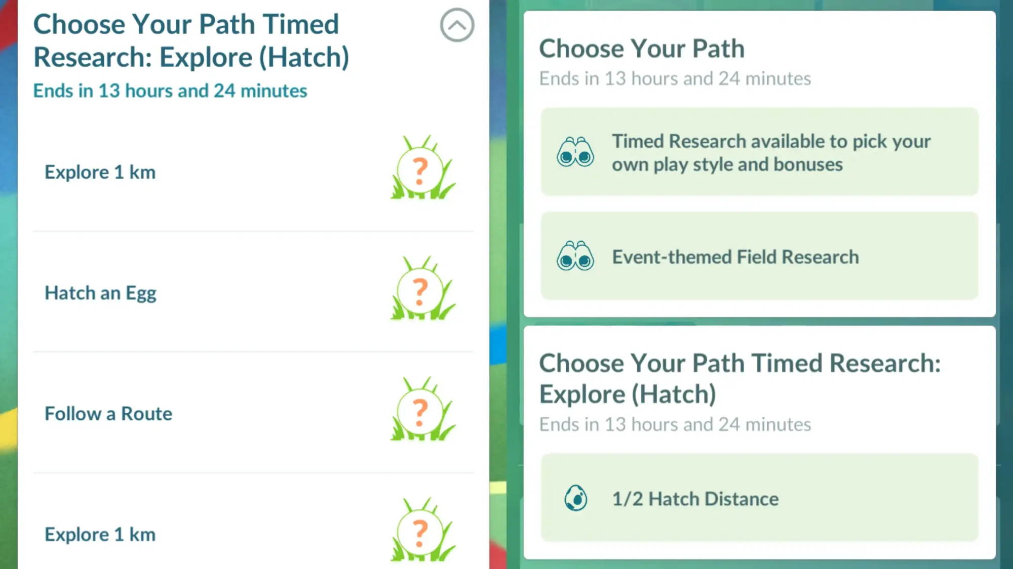 Two screenshots of the 'Choose Your Path Timed Research: Explore (Hatch) and bonuses in Pokémon Go.