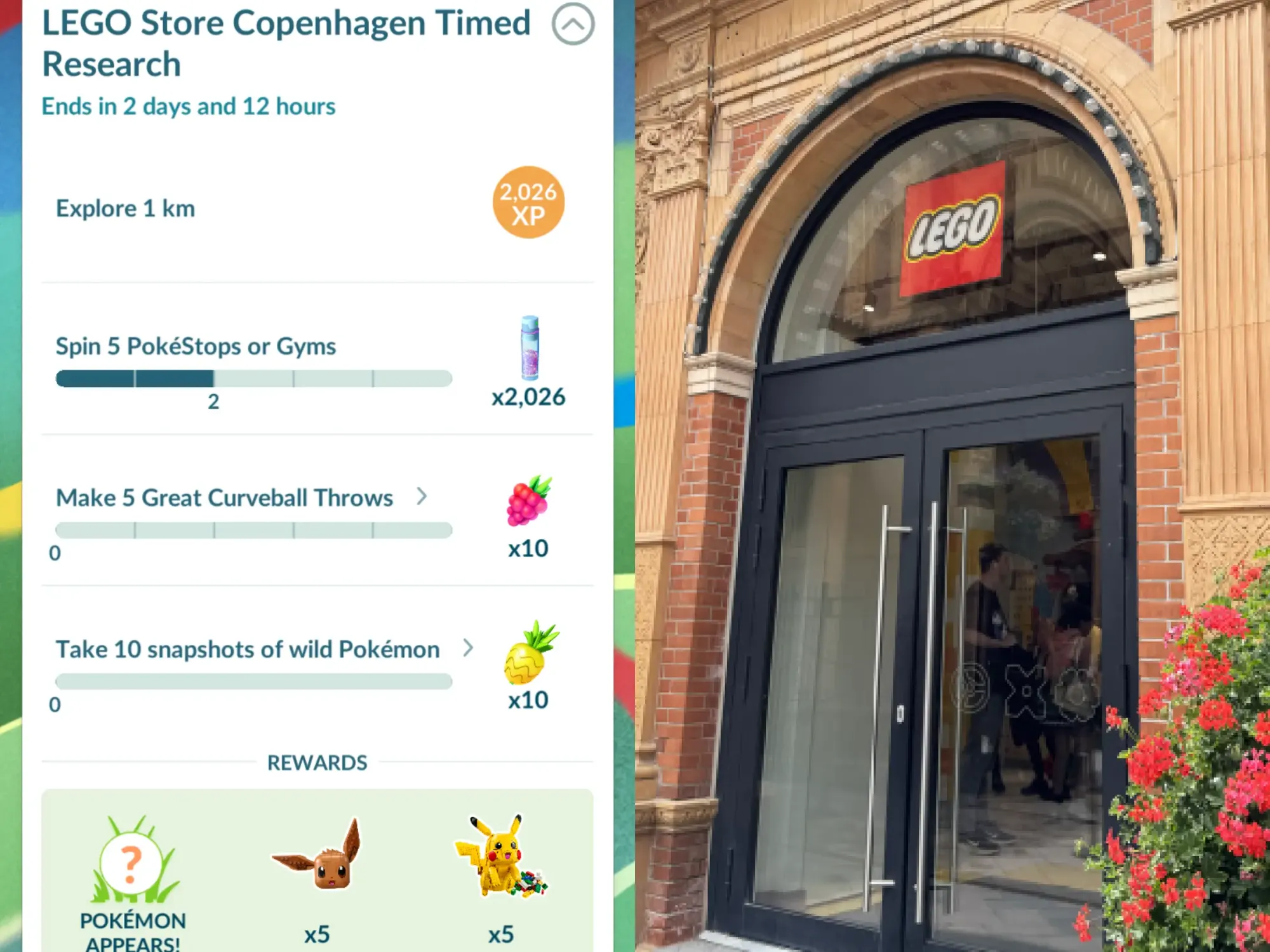 Two images, the left showing a screenshot of Pokémon Go Lego Store Copenhagen Timed Research, the right a door to enter the Tivoli Gardens Lego Store in Copenhagen.