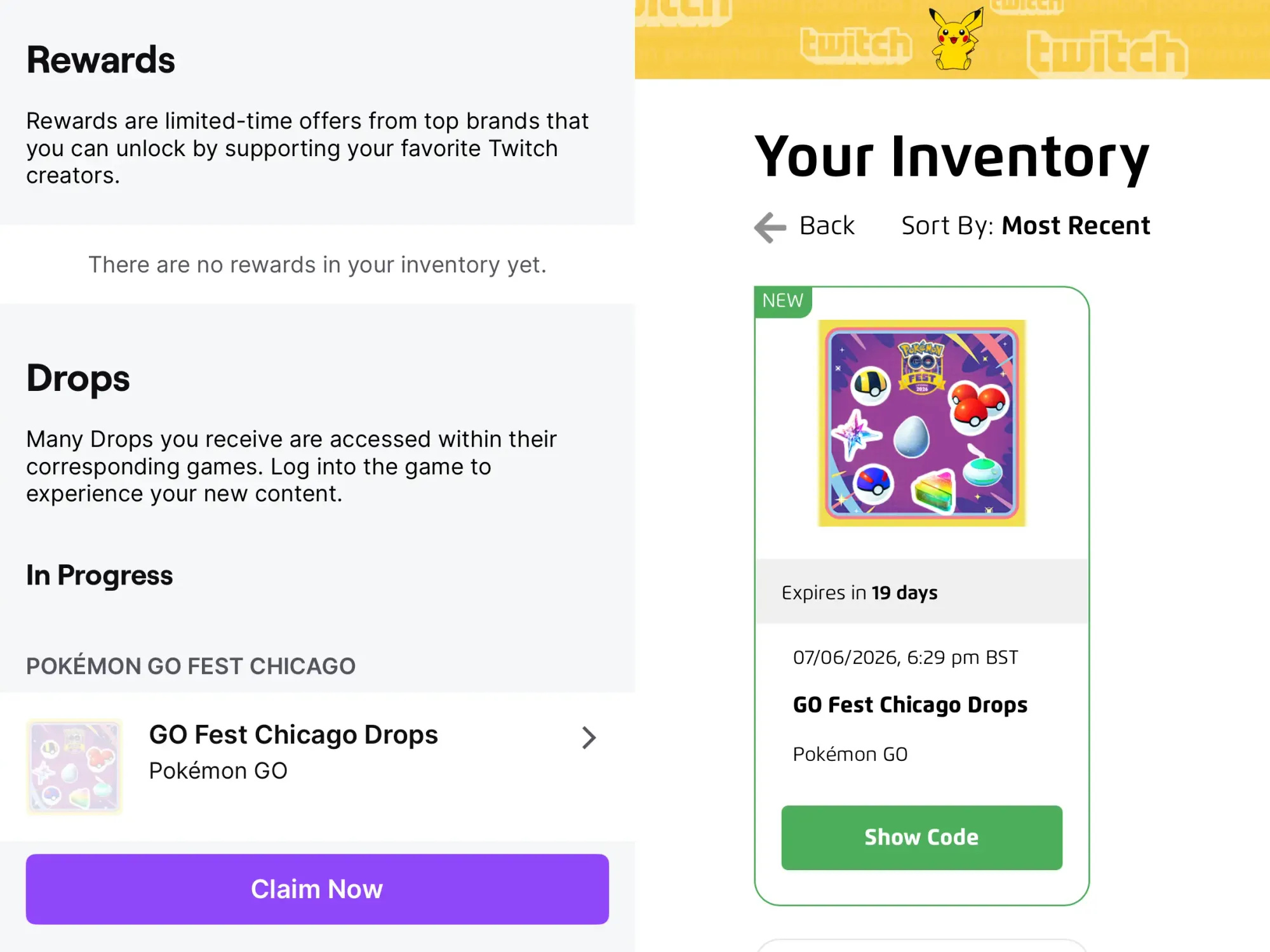 Two screenshots of the Pokémon Go Fest Chicago Twitch drops process. Left: The Twitch inventory. Right: the Pokémon Trainer Central code when the drop is claimed on Twitch.