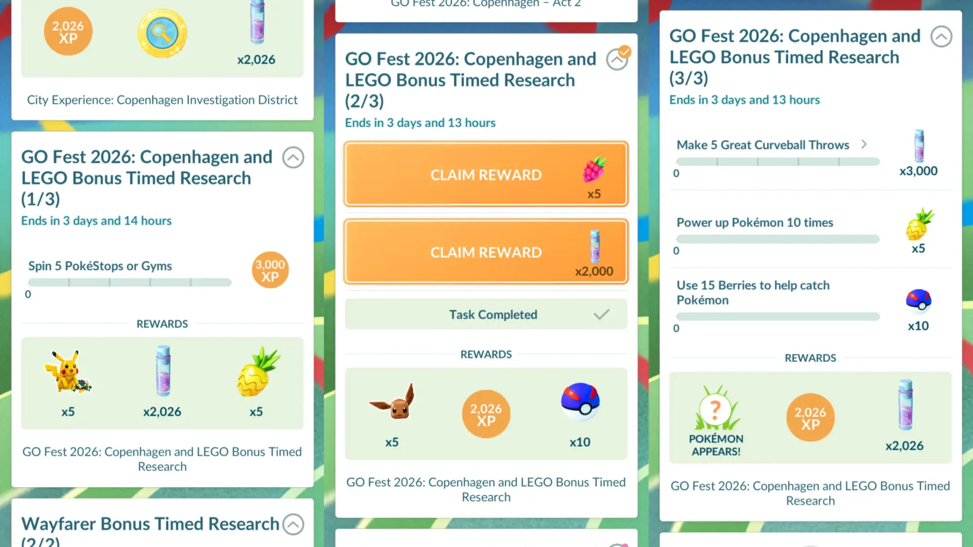 Screenshots of all three steps of the Go Fest 2026 Copenhagen and Lego Bonus Timed Research quest.