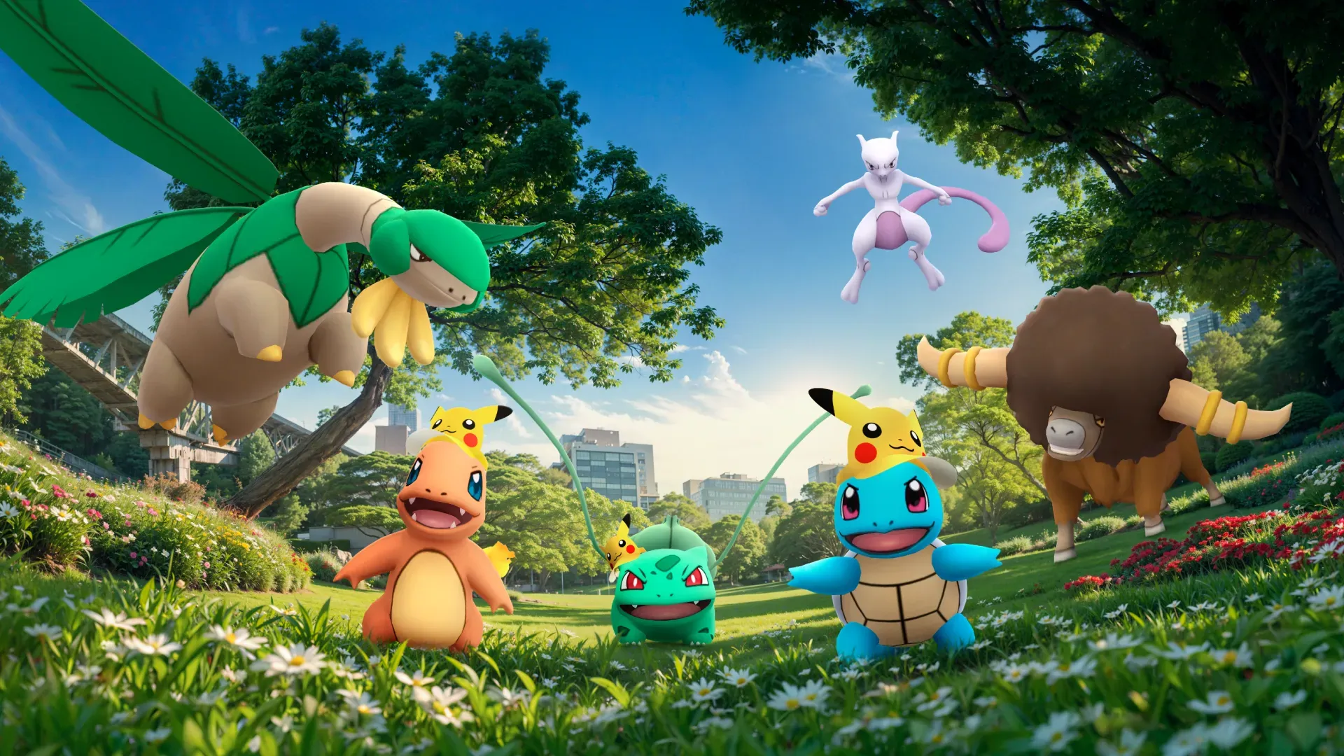 A promotional image for Pokémon Go Fest: Global, including Pikachu visor starters, Tropius, Bouffalant, and Mewtwo.