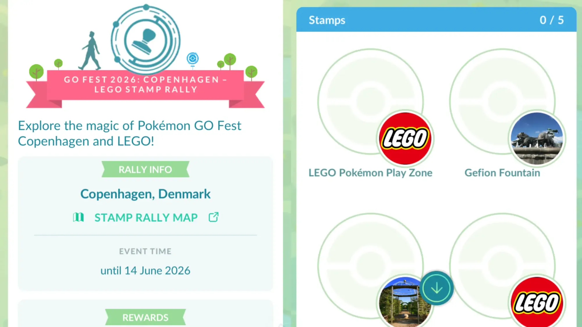 Side-by-screenshots of Pokémon Go Fest Copenhagen's Lego Stamp Rally.