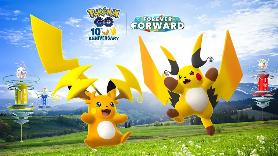 A promotional image for the Mega Raichu Raid Day event in Pokémon Go, reaching Mega Raichu X and Mega Raichu Y, standing in a field next to Gyms.