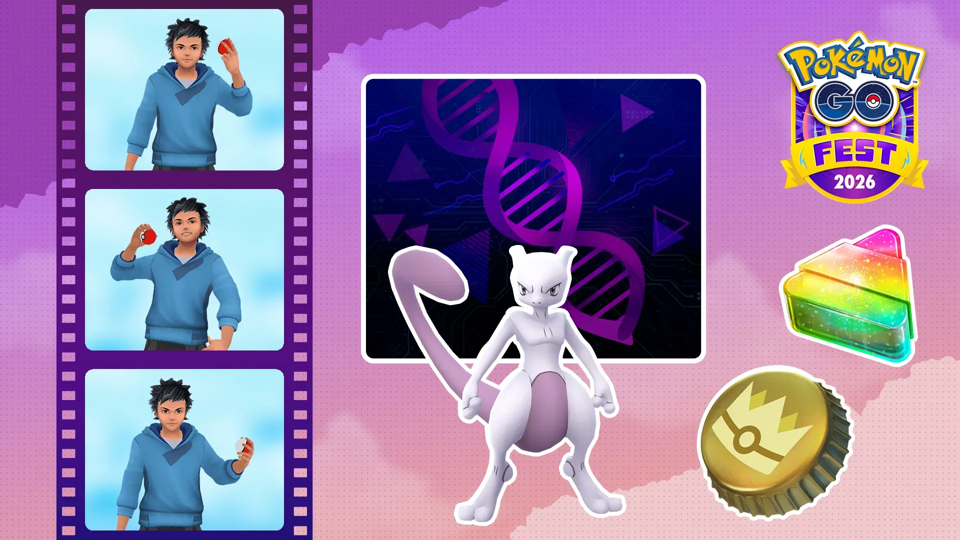 A promotional image for the Road to Legends event in Pokémon Go, featuring an avatar pose, Mewtwo, Rare Candy XL and more.