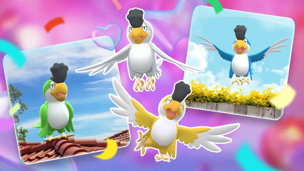 All four Squawkabilly forms - green, white, yellow, and blue - in a Pokémon Go promotional image.