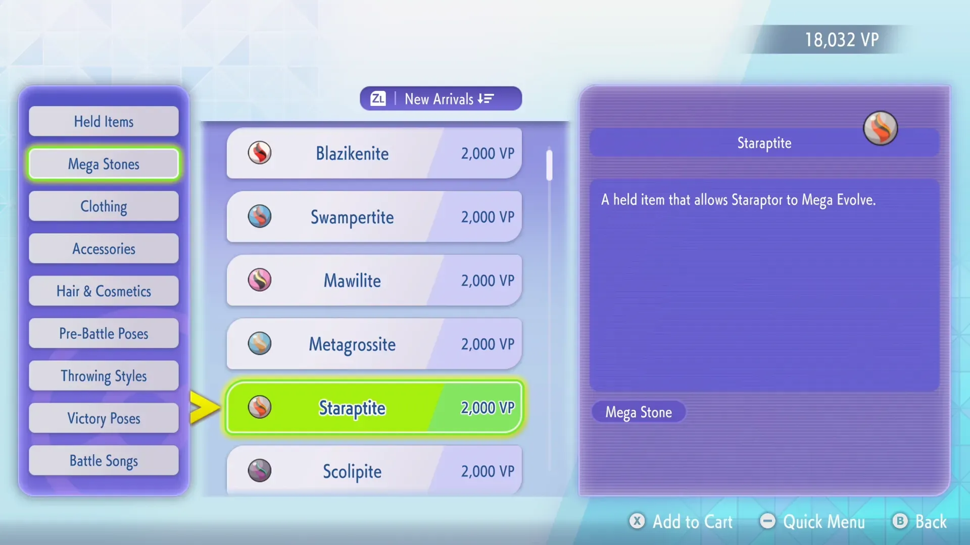 The Frontier Shop in Pokémon Champions, showing a listing for the Staraptite Mega Stone item.