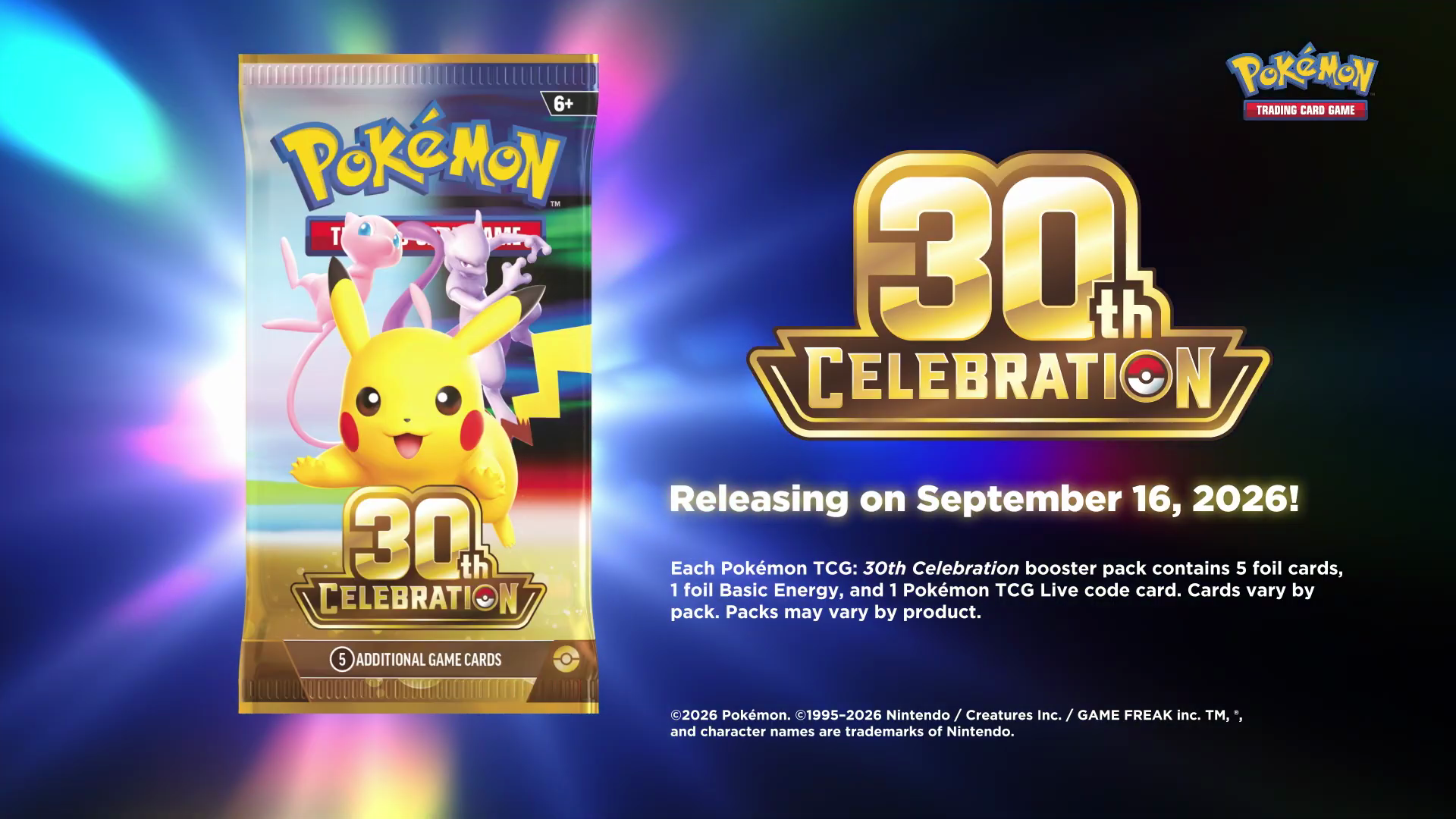 A screenshot from an announcement trailer with the Pokémon TCG: 30th Celebration release date.