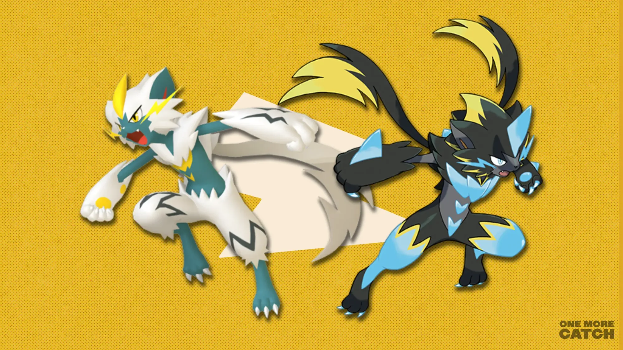 Shiny Zeraora (left) and Mega Zeraora (right) in front of a polygonal shape and a textured background.