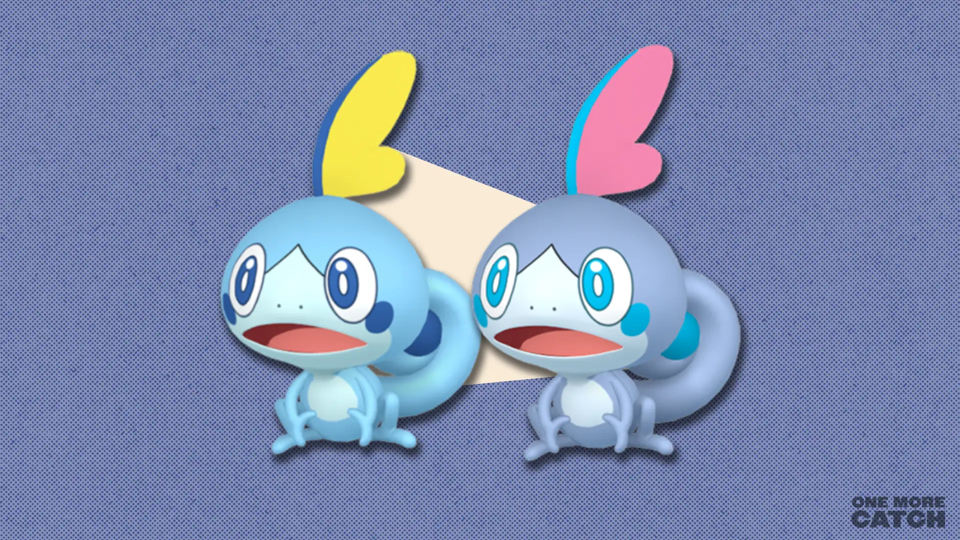 Sobble and shiny Sobble in front of a polygonal shape and a textured background.