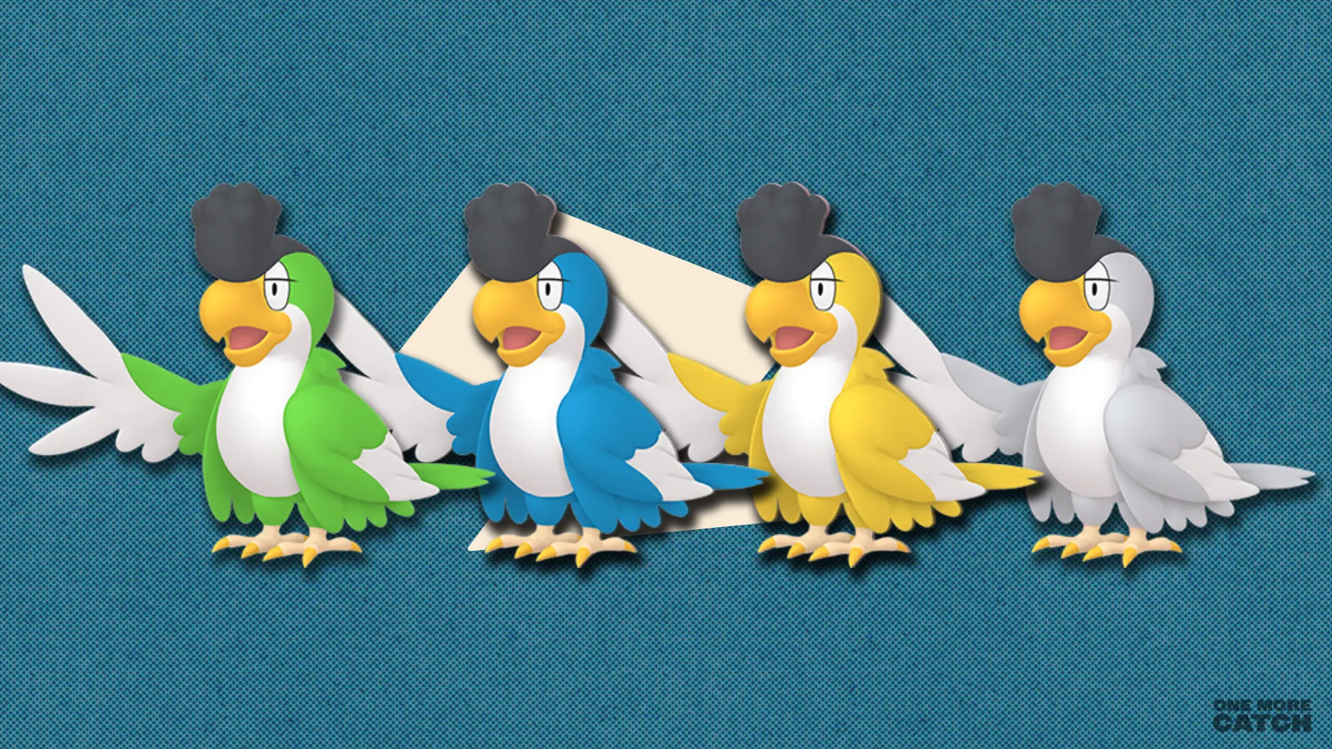 All four Squawkabilly forms - green, blue, yellow, and white - against a polygonal shape and a textured background.