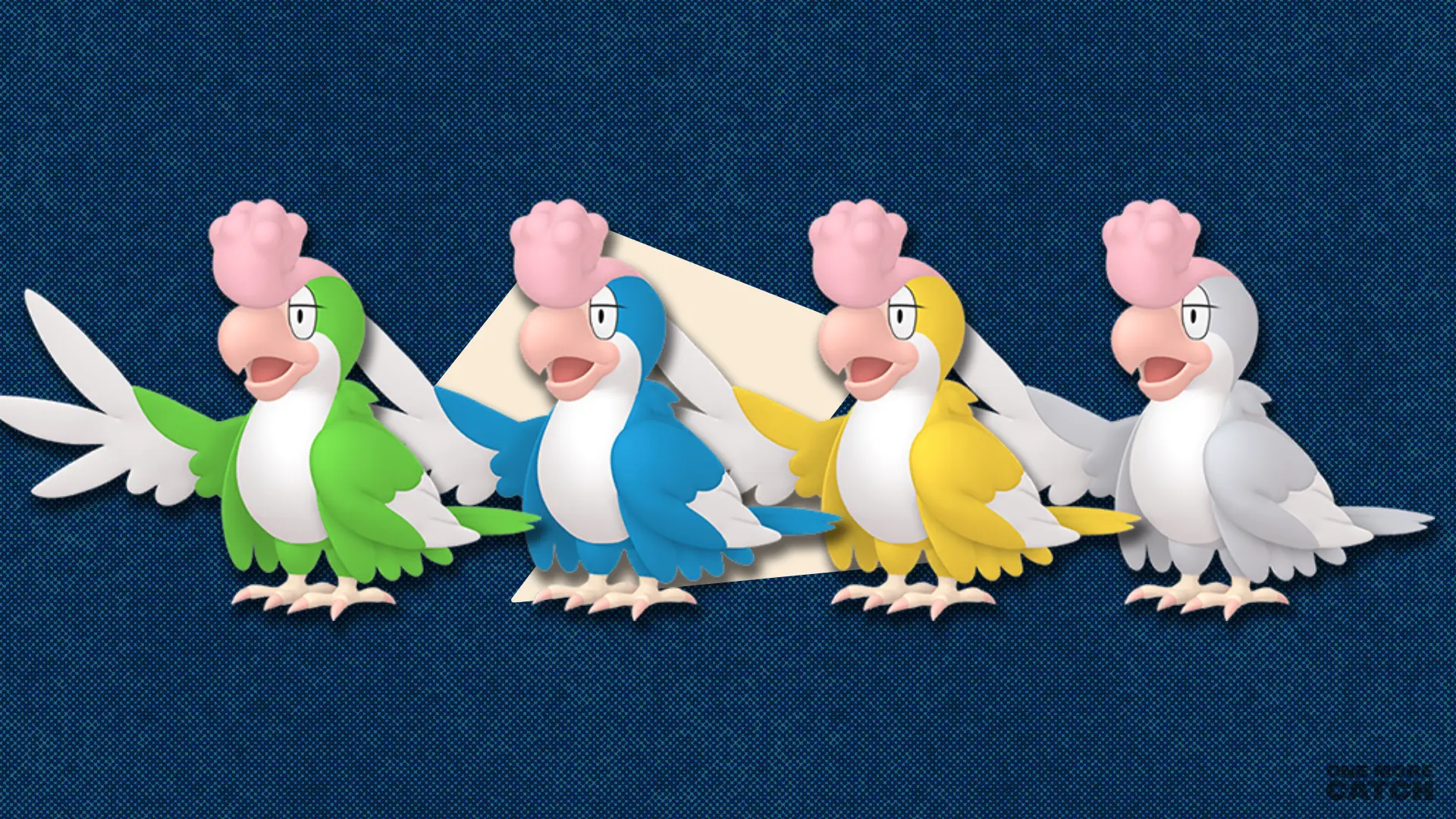 All four shiny Squawkabilly forms - green, blue, yellow, and white - against a polygonal shape and a textured background.