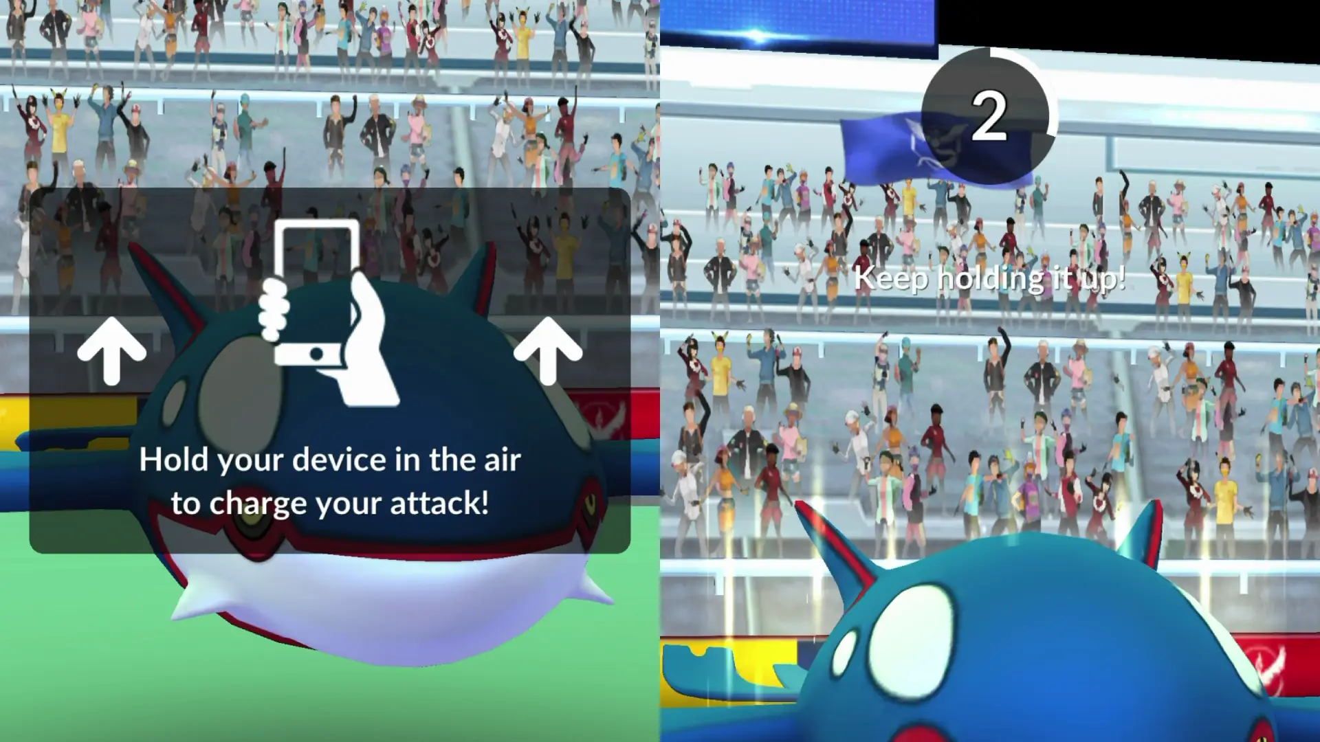 A split image showing screenshots of a Unity Raid in Pokémon Go, asking players to hold their devices in the air to charge an attack.