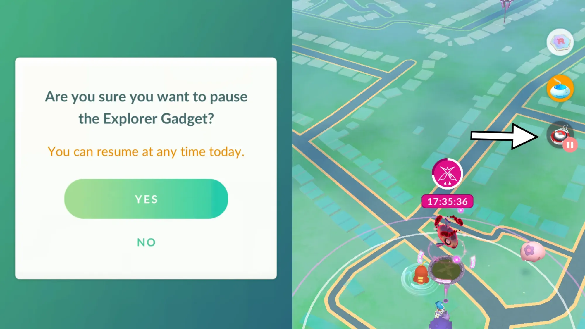 Two screenshots of the Explorer Gadget in Pokémon Go, with the left featuring the text: 'Are you sure you want to pause the Explorer Gadget? You can resume at any time today.'