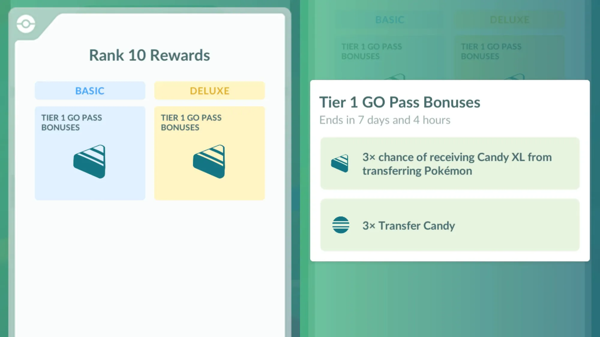 Two side-by-side screenshots showing the 3x Transfer Candy bonus in Pokémon Go's 'Special Anniversary Pikachu Celebration' Go Pass.