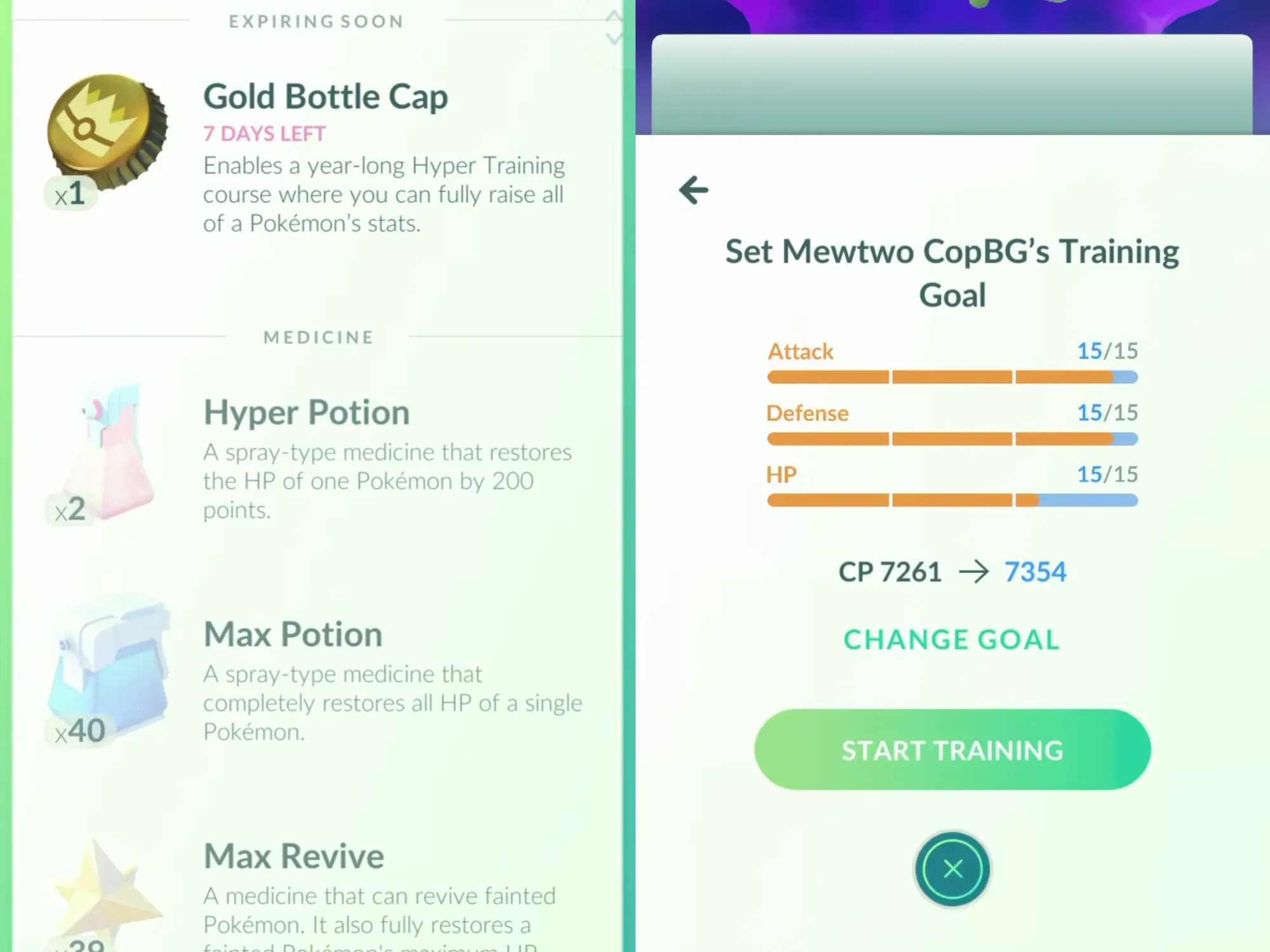 Two screenshots showing a Gold Bottle Cap in the item inventory, and being used.