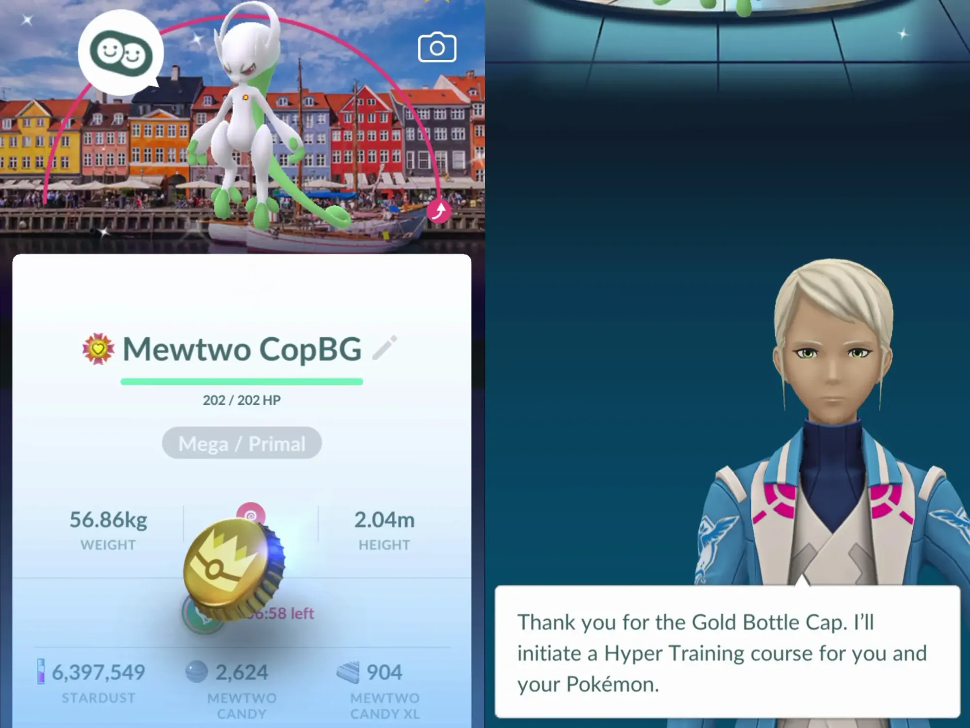 Two screenshots, the left showing a Gold Bottle Cap being used on a Mega Mewtwo, the right a dialogue box saying "Thank you for the Gold Bottle Cap. I'll initiate a Hyper Training course for you and your Pokémon".