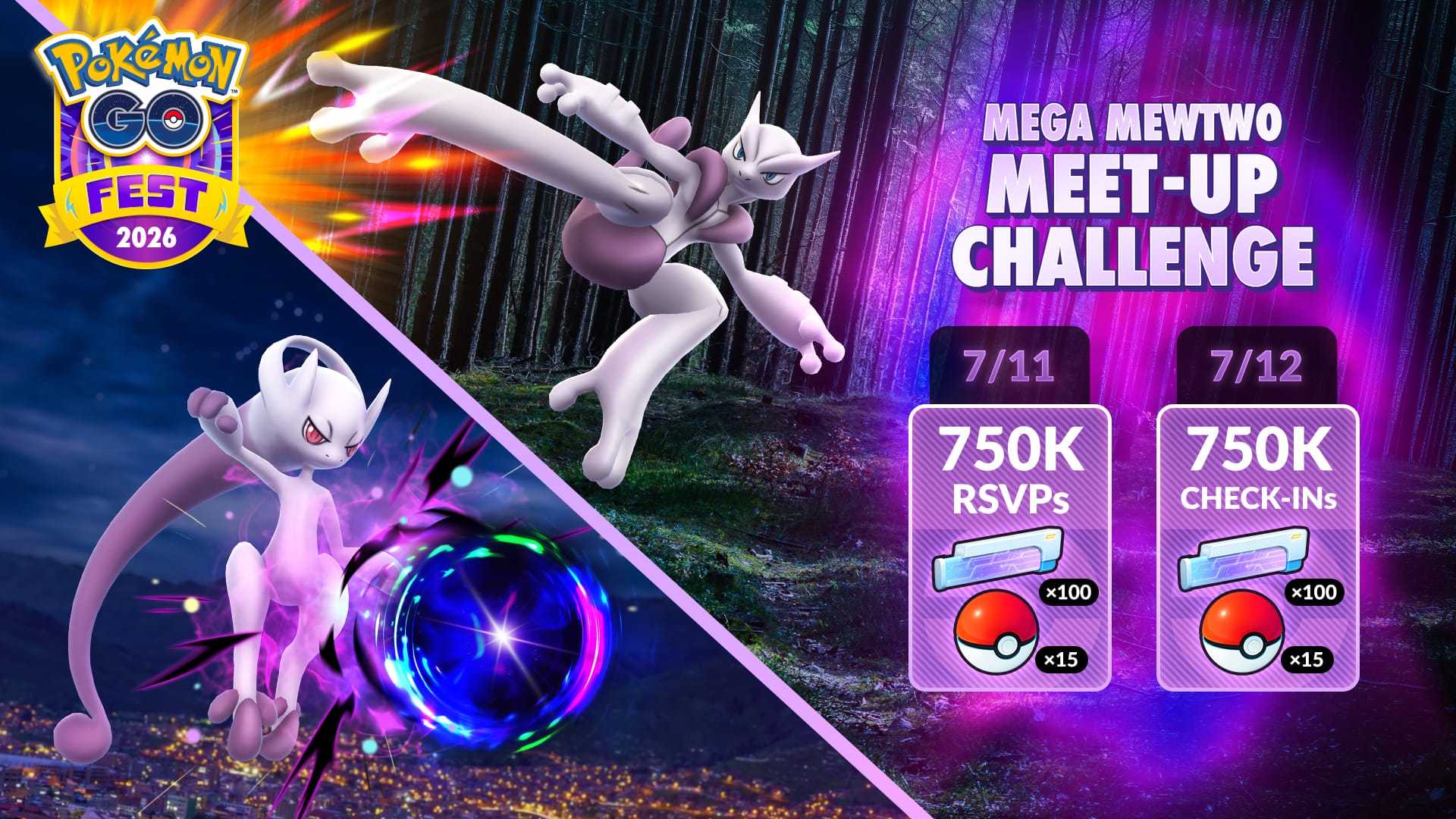 A promotional image for the Mega Mewtwo Meet-up Challenge code giveaway for Pokémon Go.