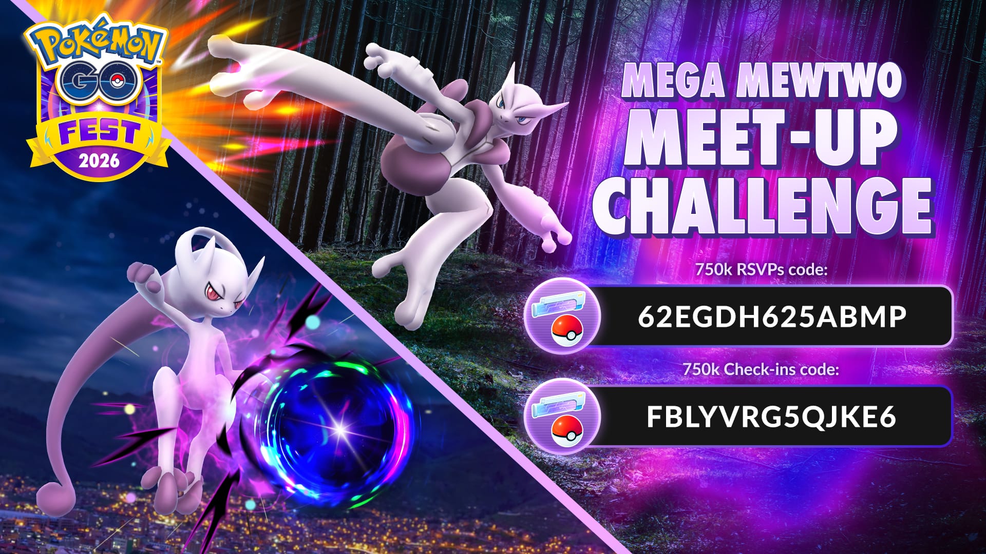 An infographic showing two Mega Mewtwo Meet-Up Challenge codes.
