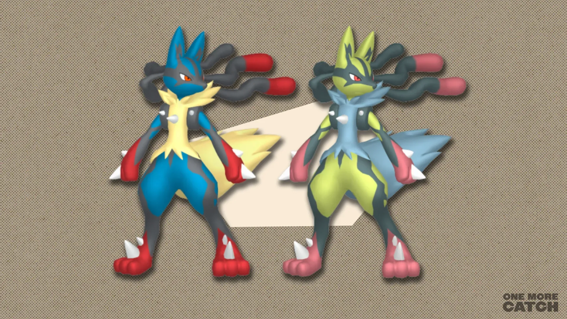 Mega Lucario and shiny Mega Lucario in front of a polygonal shape and textured background.