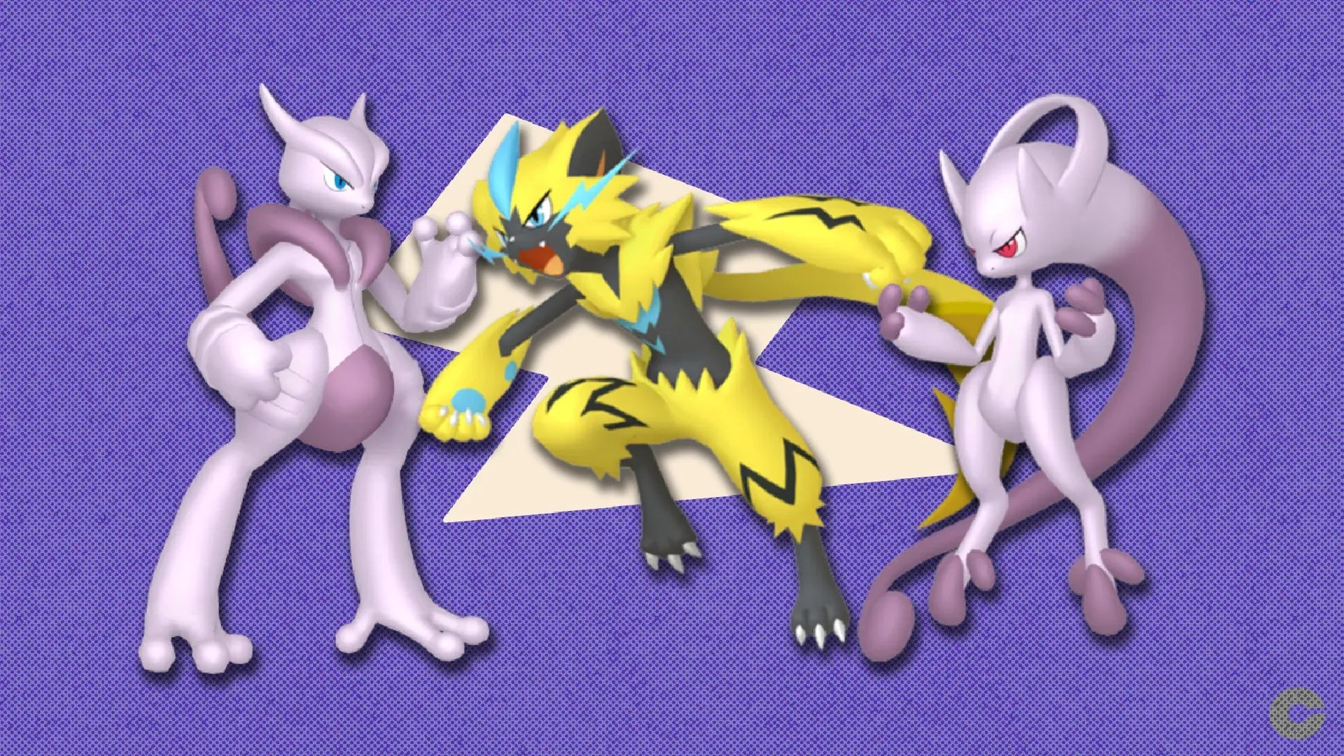 Mega Mewtwo X, Zeraora, and Mega Mewtwo Y in front of a polygonal shape and a textured background.