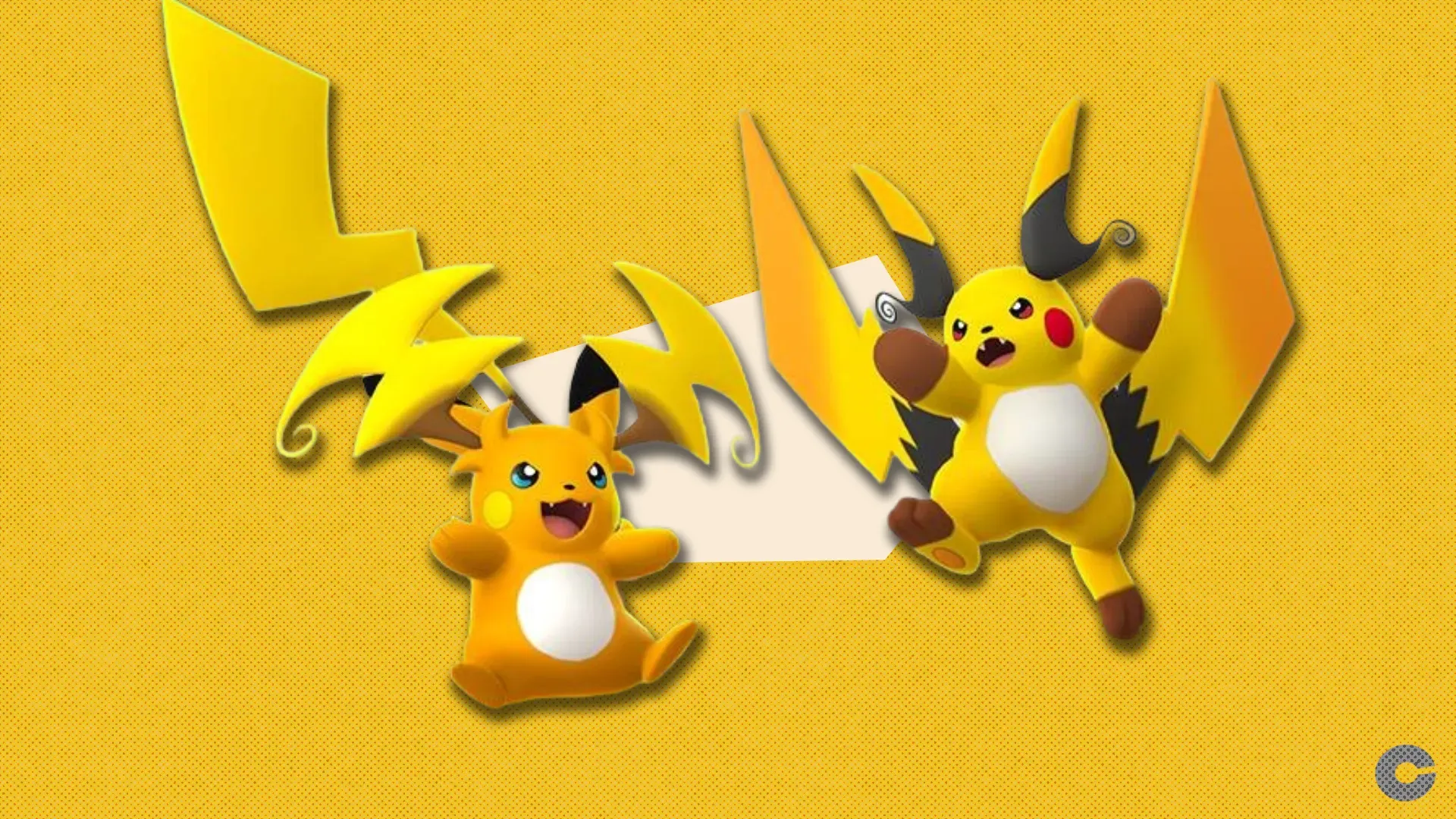 Mega Raichu X and Y in front of a polygonal shape and textured background.