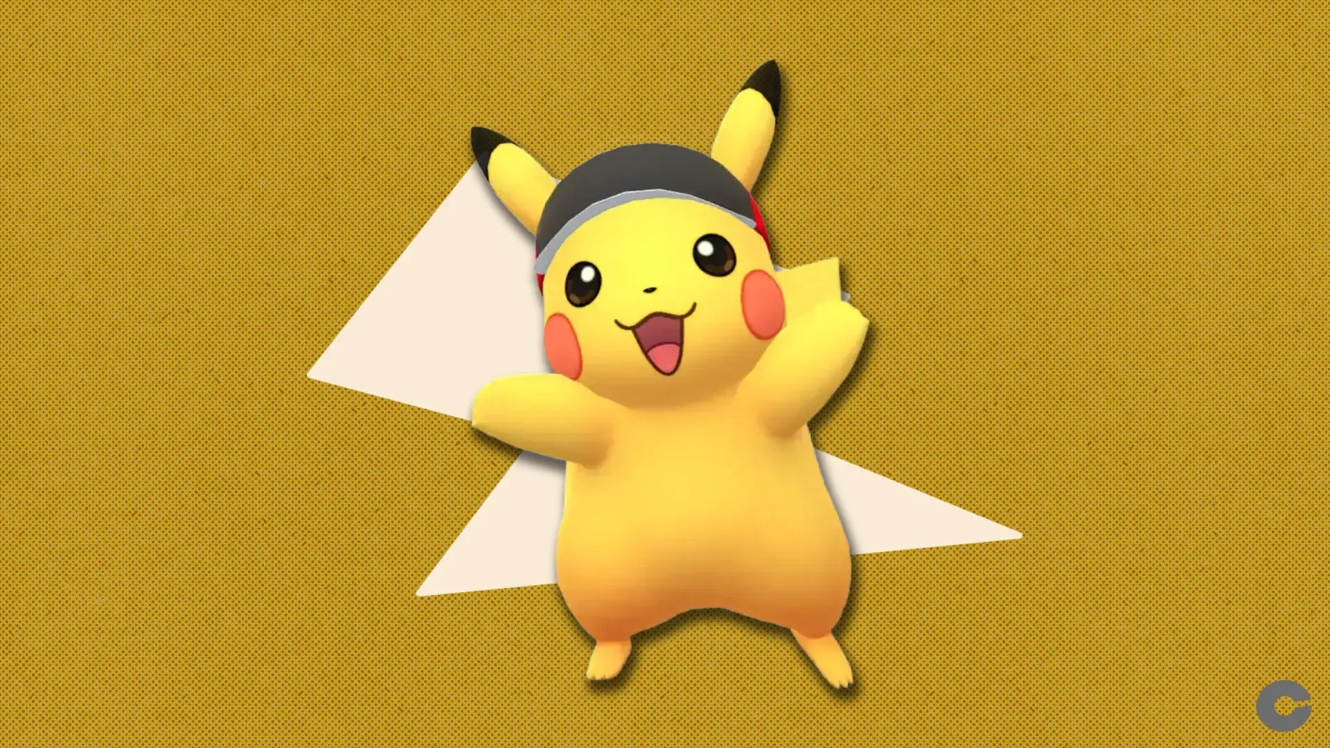 Pikachu wearing a marathon visor in front of a polygonal shape and textured background.