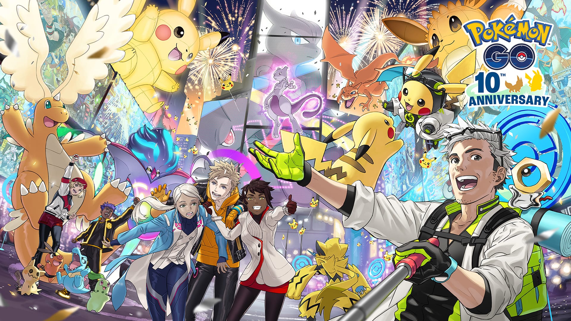 Artwork for Pokémon Go's 10th anniversary, featuring Professor Willow with a selfie stick, team leaders and various Pokémon, including a floating Mewtwo.
