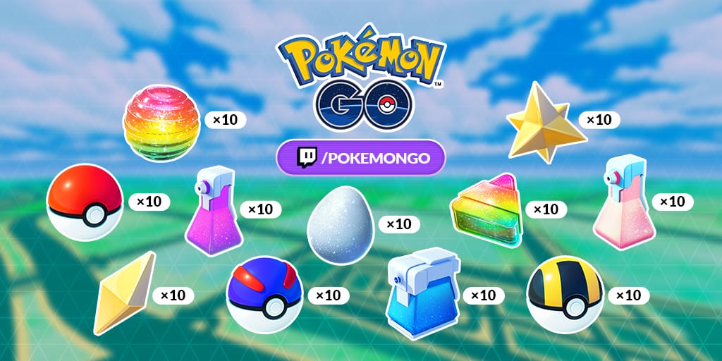 A promotional image showing Twitch drops for the Pokémon Go 10th Anniversary Celebration stream.