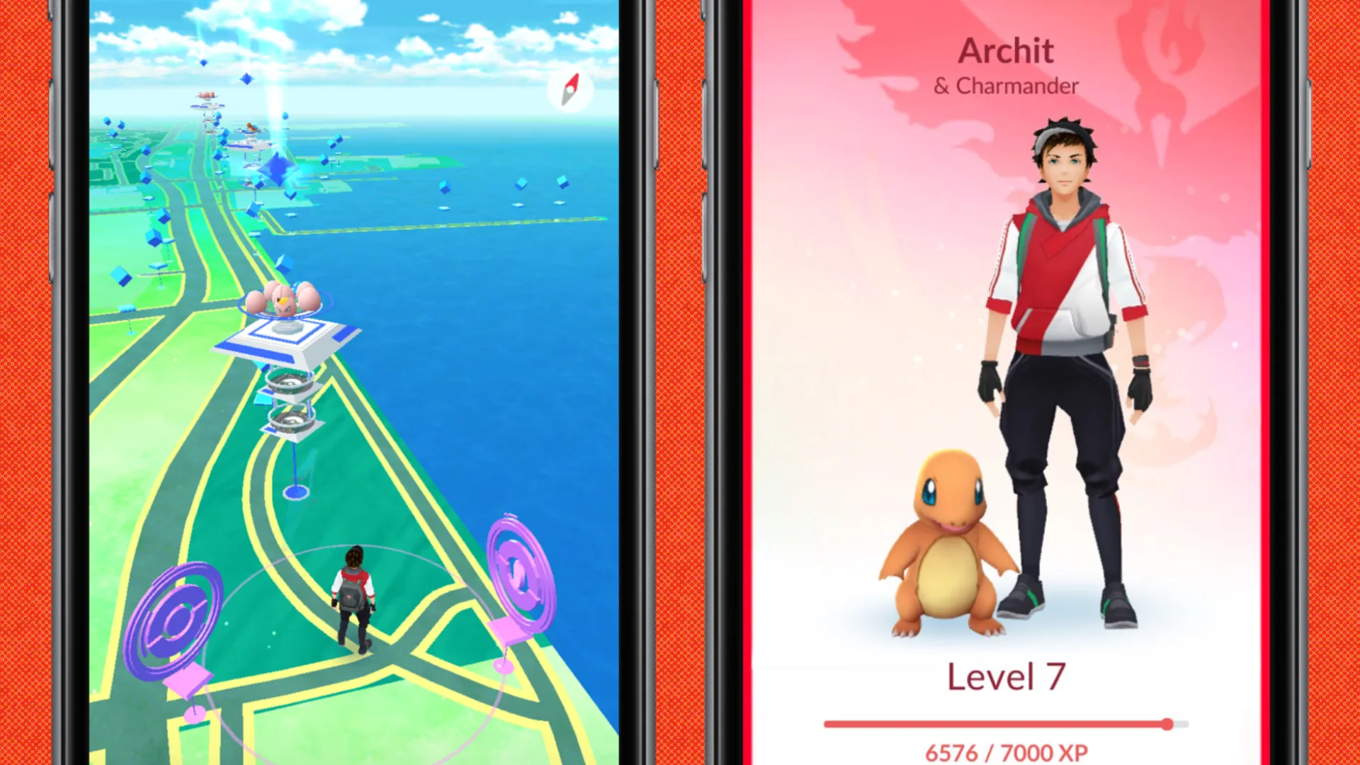 A composition of two phone screens playing Pokémon Go from 2016 set against a textured background.