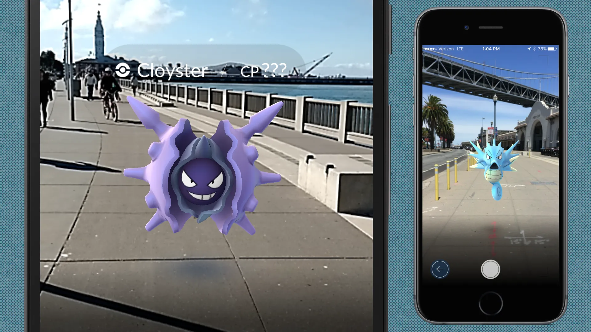A composition of two phone screens playing Pokémon Go from 2016 set against a textured background.