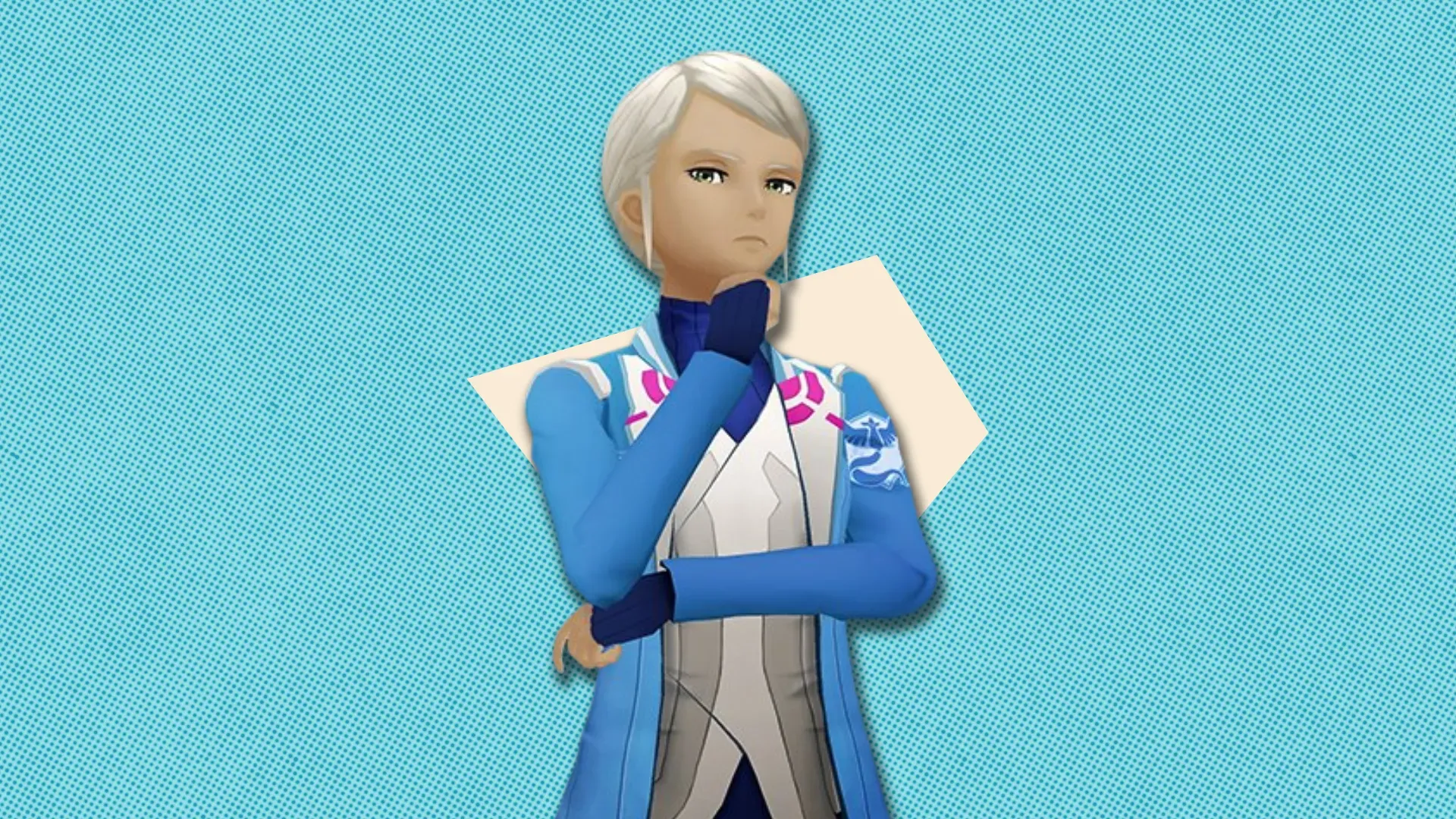 Team Leader Blanche from Pokémon Go in front of a polygonal shape and a textured background.