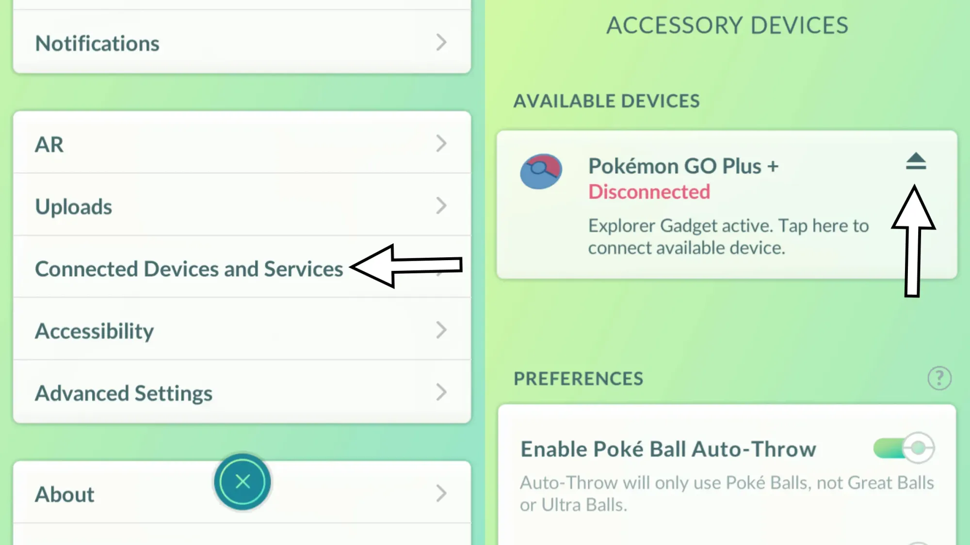 Two screenshots from Pokémon Go showing how to disable the Explorer Gadget and enable a Go Plus device.
